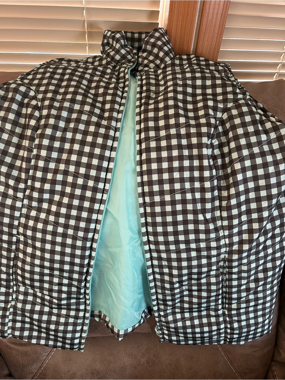 Womens Checked Puffer Vest - teal and black large